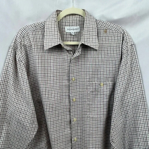 Yves Saint Laurent Shirt, Button Front, Check, Plaid, Blue White Red, Neck 16 - Picture 2 of 9